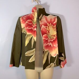Linda Allard ELLEN TRACY size 2 green pink floral open blazer standing collar